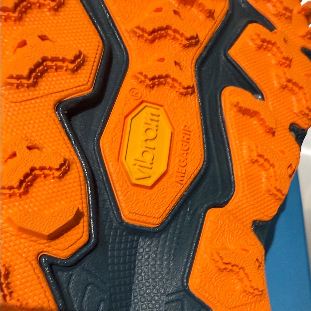 Hoka Women's Trail Runner in Coral and Yellow with Navy Accents - Picture 10 of 11